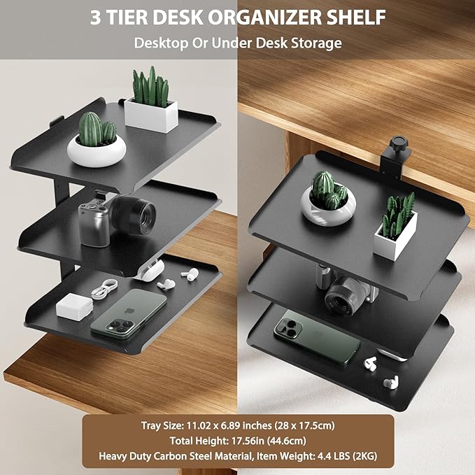 3 Tier Clamp On Desk Shelf with Adjustable Metal Storage Tray & Headphone Stand Over or Under Table Storage No Drilling Desk Extension Shelving Unit Desktop Shelves for 2.5in Max Desk Thick
