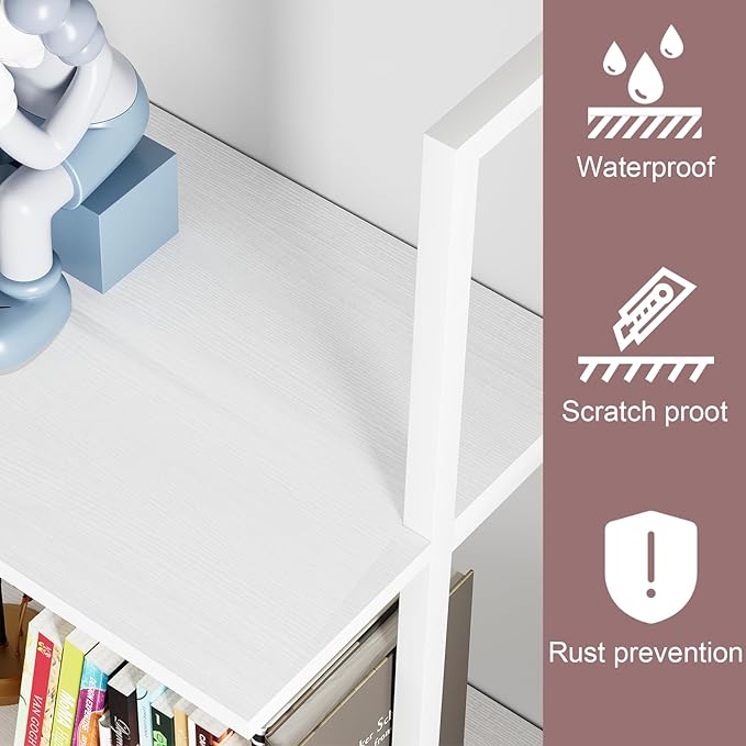 Wolawu Ladder Shelf 4 Tiers Metal Industrial Bookshelf,White Wooden Tall Open Storage Rack and Display Shelves,Wall Mount Wide Bookcase for Home Office Bedroom,Small