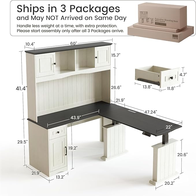 BANTI 60" Adjustable L Shaped Executive Desk with Hutch and Storage Cabinet, Farmhouse Computer Desk with Charging Station, Reversible Home Office Workstation, Antique White