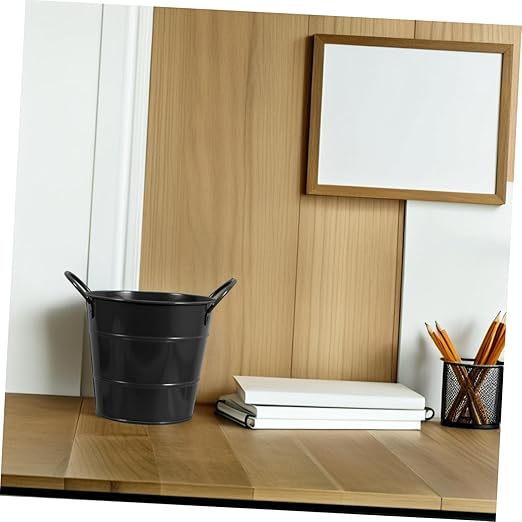 Angoily Mini Iron Trash Can Set Lid Decorative Desktop Wastebasket for Office and Home Compact Black Rubbish Bin for Bedroom Slim Storage Bucket Handle