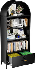 Aobabo 72.8" H Metal Arched Bookcase with 2 Adjustable Shelves and 1 File Drawer for Home Office, Black,Required Assembled