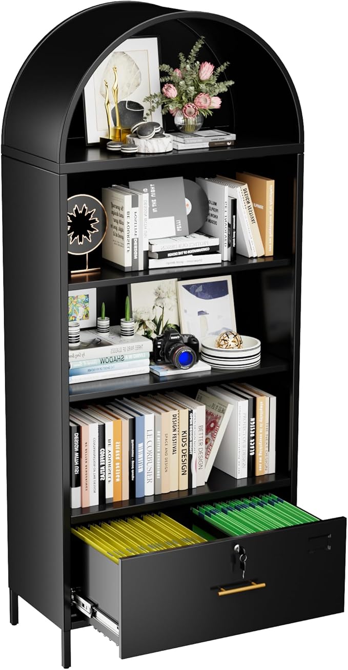Aobabo 72.8" H Metal Arched Bookcase with 2 Adjustable Shelves and 1 File Drawer for Home Office, Black,Required Assembled