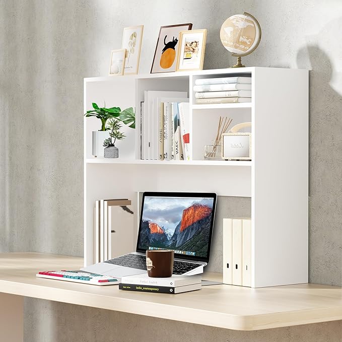 AQQHSAIN Desktop Bookshelf Wooden Desktop Hutch Storage Organizer Multipurpose Tabletop Display Rack with 4 Shelves for Computer Desk Hutch for College Dorm Office Home (White)