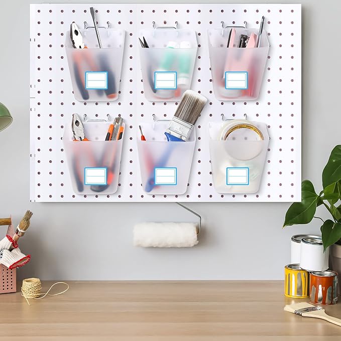 Namalu 12 Pack Pegboard Storage Bins with Labels and Hooks Bulk Peg Board Organizer Accessories Hanging Cup Organizer Pegboard Cup Holder(Transparent)