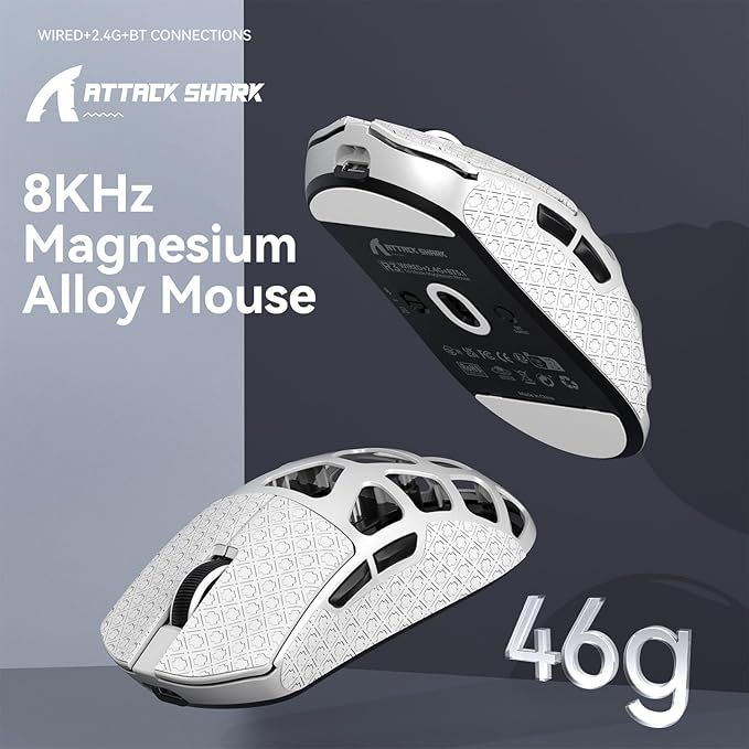 ATTACK SHARK R3 46g Superlight Magnesium Alloy Wireless Gaming Mouse, BT/2.4G/Wired Computer Mouse, 8KHz Polling Rate, PAW3395 26K DPI Sensor Programmable Mice Griptape for PC/Laptop/Mac (White)