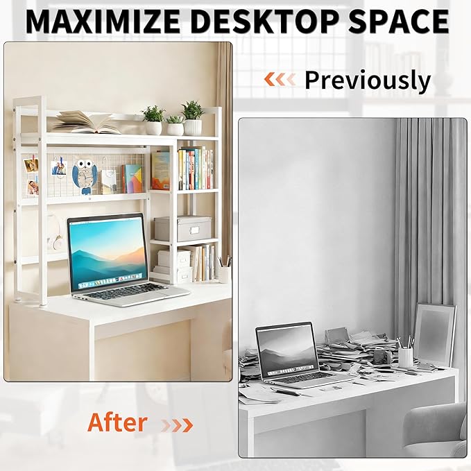 Desktop Shelf, 38.5'' Desktop Organizer Shelf for Computer Monitor, 4 Tier Hutch Storage Rack for Home Office Dorm, White
