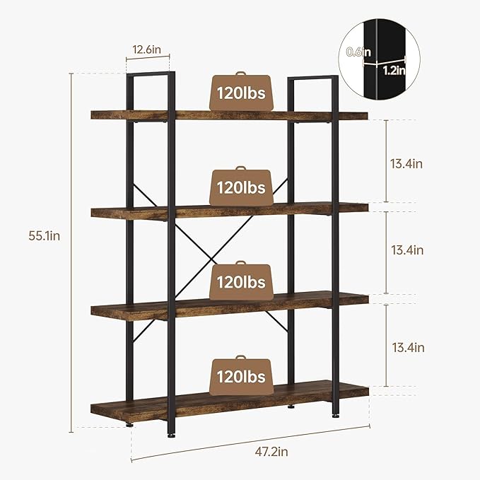 OtterOasis Heavy Duty 4-Tier Industrial Bookcase, 47" Wide Wood Bookshelf for Home Office, 120lbs Shelf Capacity, Rustic Open Shelving Display with Reinforced Horizontal Shelf for Living Room Bedroom