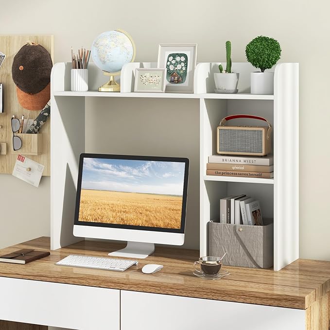 Desktop Bookshelf, 3-Tier Desk Hutch Shelf with 5 Display Rack for Computer Desk, Desk Organizer Shelves for Top of Desk, Dorm, Home, Office (White)