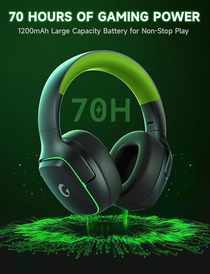 Gvyugke 2.4GHz Wireless Gaming Headsets for PS5, PS4, PC, Switch - Bluetooth 5.3 Gaming Headphones with Noise Canceling Mic, 7.1 Surround Sound, 70H Battery, Blue Lighting - Black Green