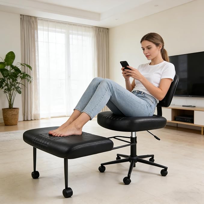 Ergonomic Cross Legged Office Chair with Footrest, 360° Swivel Height Adjustable PU Criss Cross Chair, Wide Seat & Back Support for Home Office, ADHD, Black