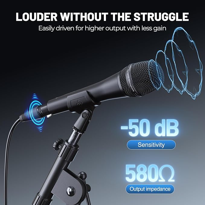 Phenyx Pro Vocal Microphone, Supercardioid Dynamic Mic with 16.4 ft XLR Cable, Mic Clip, Storage Bag, Wired Handheld Microphone for Singing, Stage, Studio, Karaoke (PM-26)