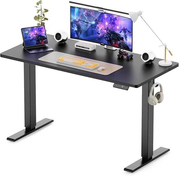 WALKINGDESK 48x24 Inches Height Adjustable Electric Standing Desk with 2 Hooks for Home Office, Ergonomic Sit Stand up Desk with Splice Board, Black
