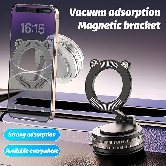 Vacuum Magnetic Suction Car Phone Holder, 360° Adjustable Foldable Strong Grip Cellphone Mount for Smooth Surface, Hands-Free Mobile Phone Stand, Universal for Most Smartphones (Black)