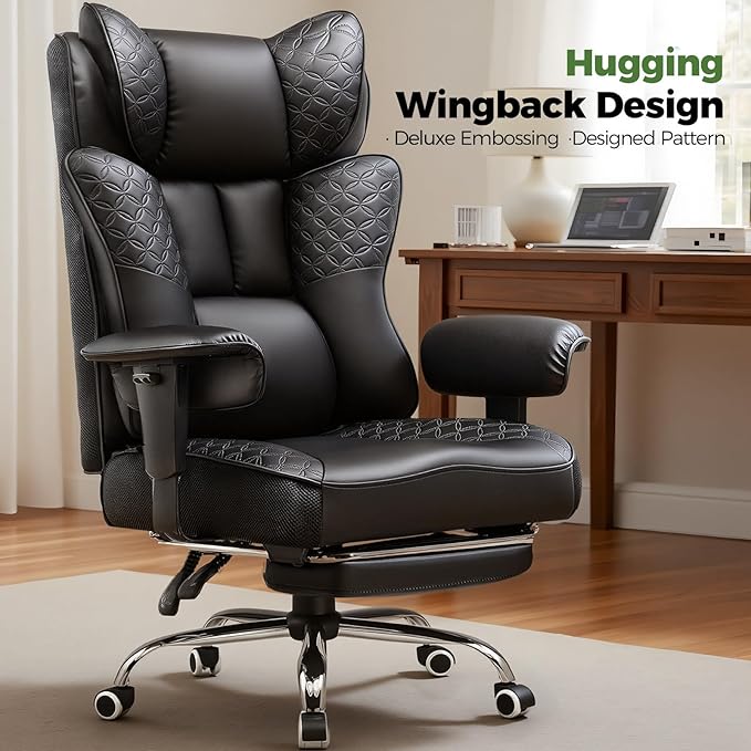 GTPLAYER Big and Tall Office Chair 400LBS Wide Ergonomic Gaming Chair with Deluxe Embossing Designed Leather with Foot Rest,150°Reclining Adjustable Soft Armrests Pocket Spring Back Support and Pillow