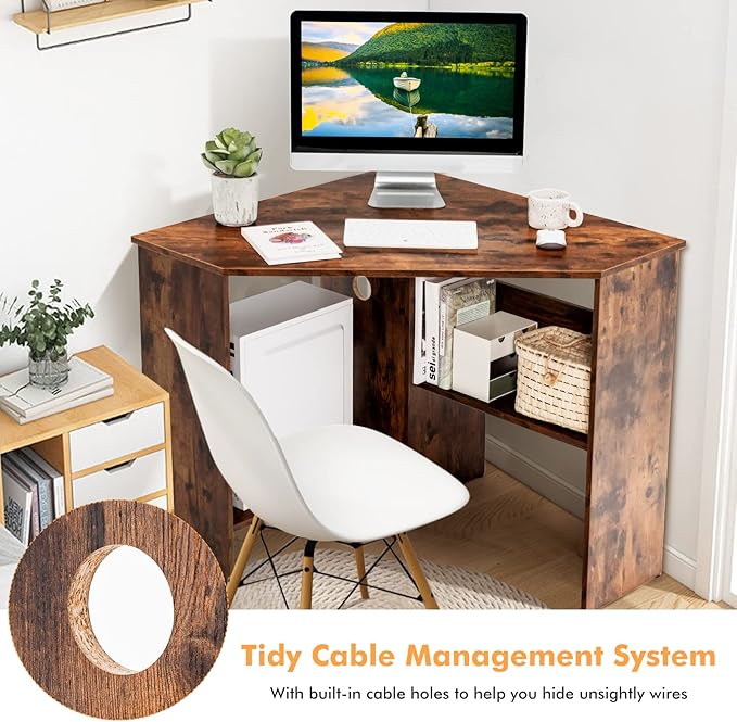COSTWAY Corner Computer Desk, Space-Saving Triangular Writing Desk w/ 2 Storage Shelves & 2 Cable Holes, Multi-Functional Console Table for Small Space in Home Office, Living Room, Bedroom (Coffee)