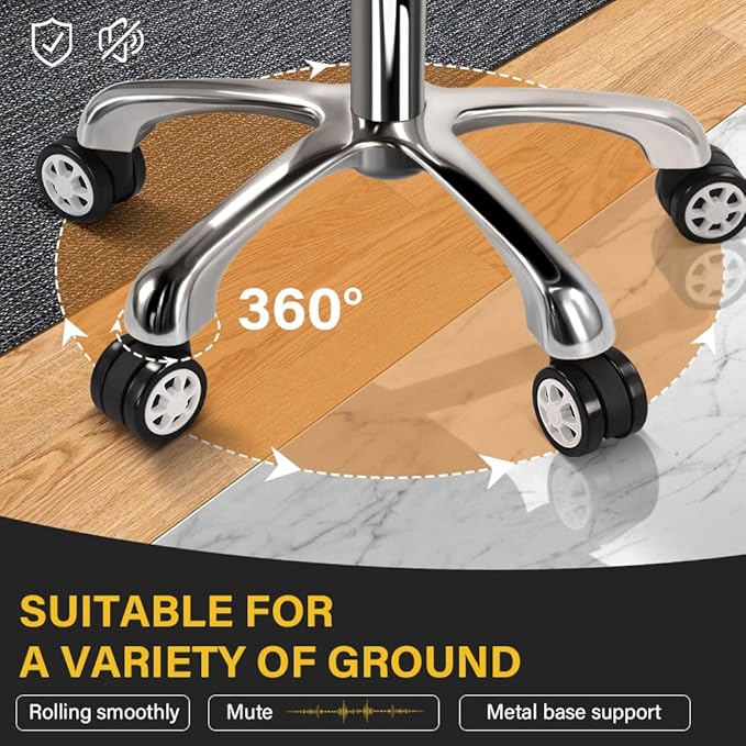 WKWKER Heavy Duty Rolling Stool with Wheels Hydraulic Lift 360 Swivel Adjustable Rolling Chair Thick Leather Ergonomic Seat Stool Chair for Kitchen Drafting Lab Office Salon Massage Black