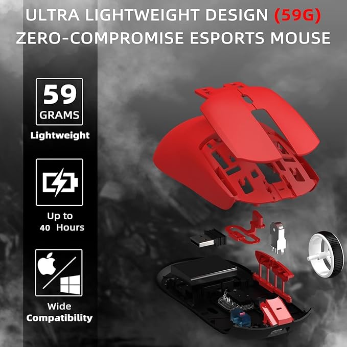 A.JAZZ AJ139 G Pro Wireless Gaming Mouse Ultra-Lightweight 59g with Dual Mode-Type C Wired/2.4Ghz USB Receiver up to 26000DPI 6 Programmable Button Ergonomic Symmetric for PS4 Xbox PC Mac Gamer(Red)