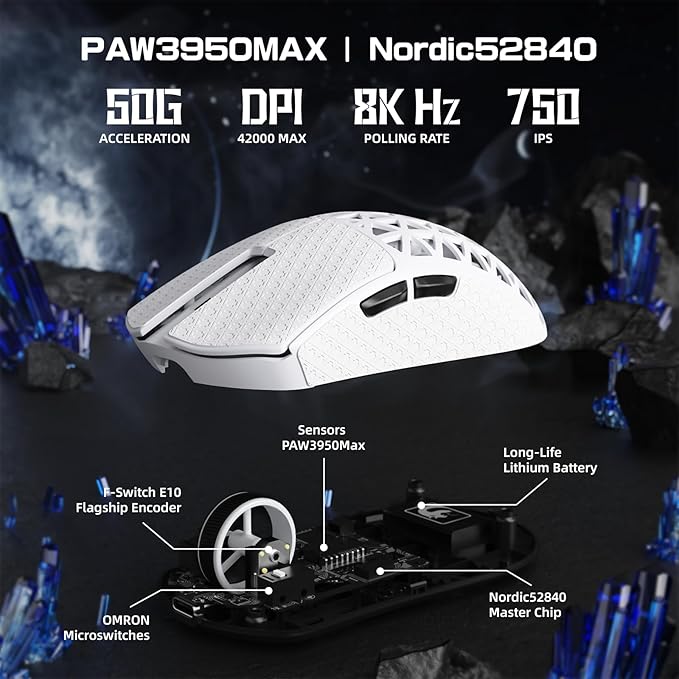 MAMBASNAKE M5 Ultra Carbon Fiber 8000Hz Wireless Gaming Mouse, 39g Superlight, 42000DPI, PAW3950MAX Sensor, Nordic 52840 Chip, Bluetooth/2.4G/USB-C Wired Mice with Coiled Cable for PC/Mac (White)
