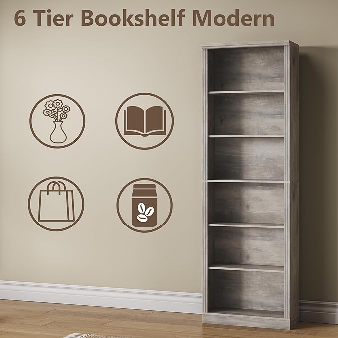 Wodeer Tall Bookshelf, 6-Tier Bookcase with 2 Adjustable Shelves, Modern Farmhouse Storage for Living Room, Entryway, Office, 23.6" W x 74.8" H x 10.6" D, Grey