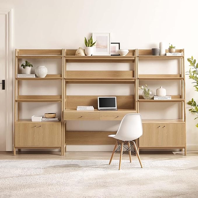 Modway 3-Piece Home Office Desk and Bookshelf Display Case in Oak