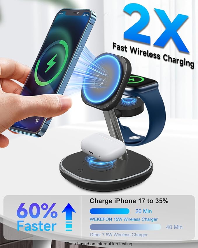 3 in 1 Wireless Charging Station for Apple MagSafe Charger, 15W Fast Magnetic Phone Charger with Breathing Light for Magsafe Charger Stand for iPhone 17 16 15 14 13 12, Apple Watch, AirPods, Gifts