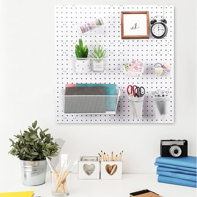 Sieral 30 Pcs Pegboard Organizer Accessories Kit Includes Peg Board Shelving Storage Basket Organizer Bins Hooks Loops Cup with Cup Holder for Garage Room Wall Attachments Tools(White, Clear, Silver)