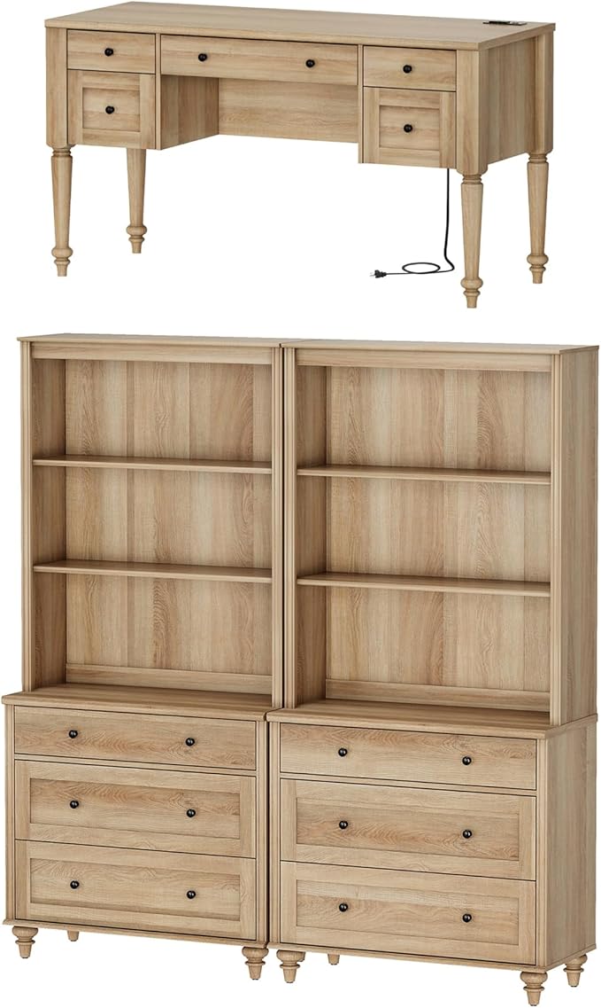 WAMPAT Home Office Furniture Set, 56'' Executive Desk with Charging Station, 72" Tall Bookcase with 6 Drawers, Wood Computer Desk with File Cabinet Storage, Open Shelf, Oak