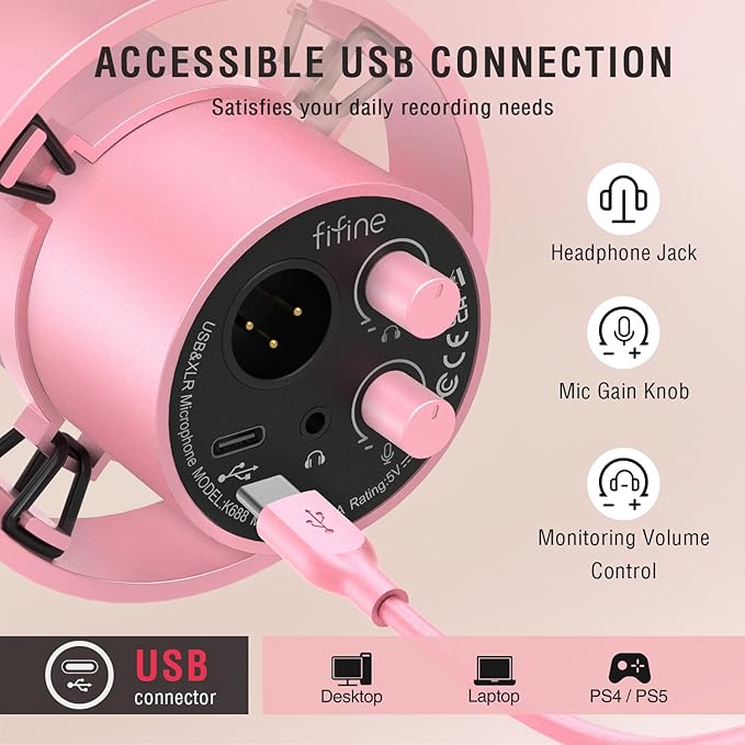 FIFINE Pink Podcast Microphone and RGB Mic Arm Bundle, XLR/USB Studio Dynamic Mic with Mute Button & Gain, RGB Adjustable Scissor Mic Stand with 3/8"-5/8" Adapter for Streaming, Gaming-K688P+BM38P