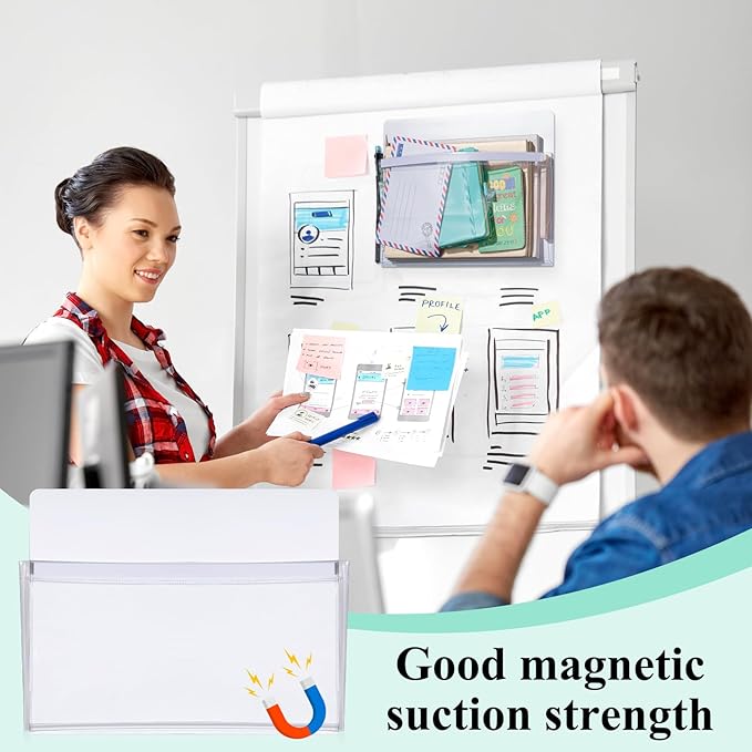 Henoyso 5 Pcs Magnetic File Holder 12 x 9.5 inches Paper Holder Magnetic Pen Dry Erase Marker Organizer Fridge Pocket Organizer for Whiteboard Refrigerator (White)
