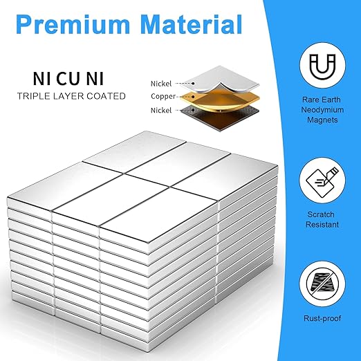 60 Pack 20x10x2 mm Rare Earth Neodymium Magnets, Powerful Small Strong Metal Rectangular Bar Magnetic Strip Magnet for Fridge Garage Kitchen Science Craft Office, Silver
