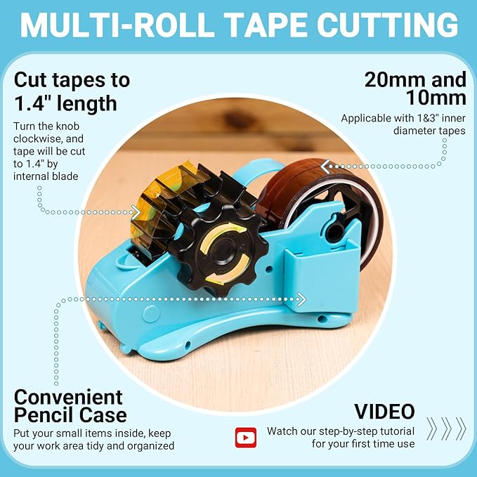 THINKLEARN Heat Tape Dispenser - Sublimation Heat Transfer Tape Dispenser with Scissors and Utility Knife, 1 '' & 3'' Core, Multi-Roll Pre-Cut Tape Dispenser for Crafting, PreCut 1.4'' Pieces, Blue