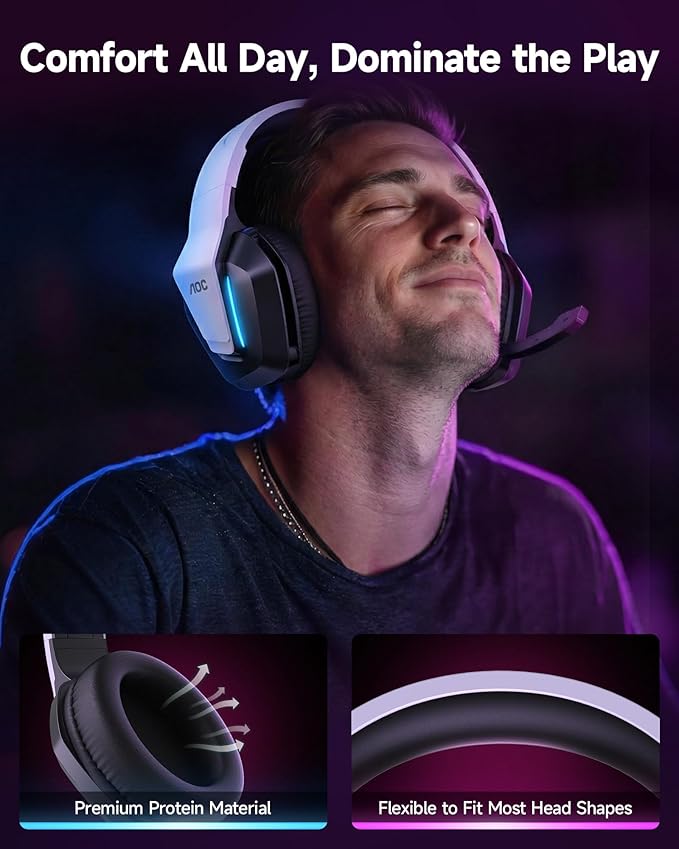 AOC Wired Gaming Headset, Surround Sound Headphones for Xbox Series X|S, PS5, PC, Switch, Noise Canceling Over-Ear Gaming Mic, 50mm Drivers, 3.5mm Jack, White