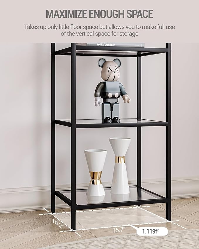 Hzuaneri Bookcase Bookshelf, Tempered Glass Bookshelves, Slim Shelving Unit for Bedroom, Bathroom, Home Office, Steel Frame, 6 Tier Black BC10601B