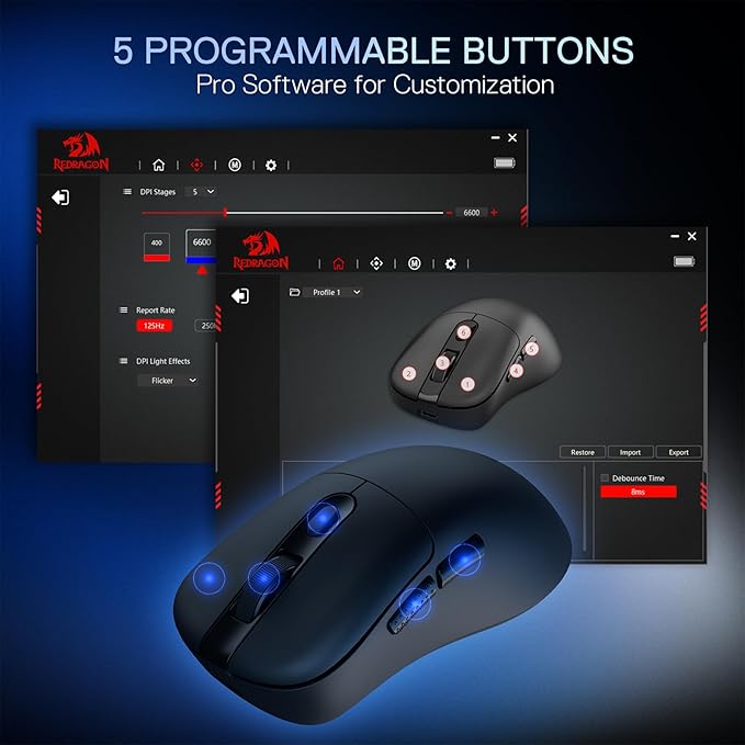Redragon M998 Lightweight Wireless Gaming Mouse with RGB Magnetic Charging Dock, BT/2.4G Wireless/Wired Optical Mice, 24000 DPI, 5 Programmable Buttons for PC/Mac, Black