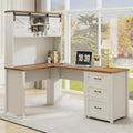 Vabches Farmhouse 68" H L Shaped Desk with Hutch,Office Table with 3 Drawers and Sliding Doors, Executive Desk with File Drawers, Wood Workstation for Home Office and Study