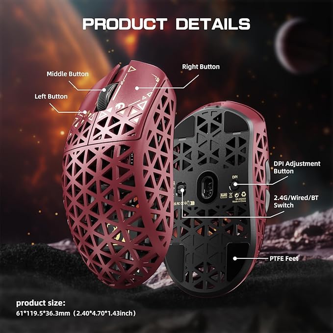 MAMBASNAKE M5 Ultra Carbon Fiber 8000Hz Wireless Gaming Mouse, 39g Superlight, 42000DPI, PAW3950MAX Sensor, Nordic 52840 Chip, Bluetooth/2.4G/USB-C Wired Mice with Coiled Cable for PC/Mac (Red)