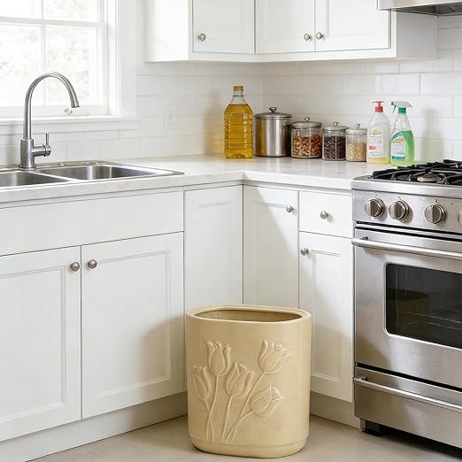 Beige Ceramic Tulips Small Bathroom Trash Can 2.6 Gal (10 Liter) - Heavy & Decorative Garbage Bin for Bathroom, Kitchen, Office, Bedroom & Living Room Corner