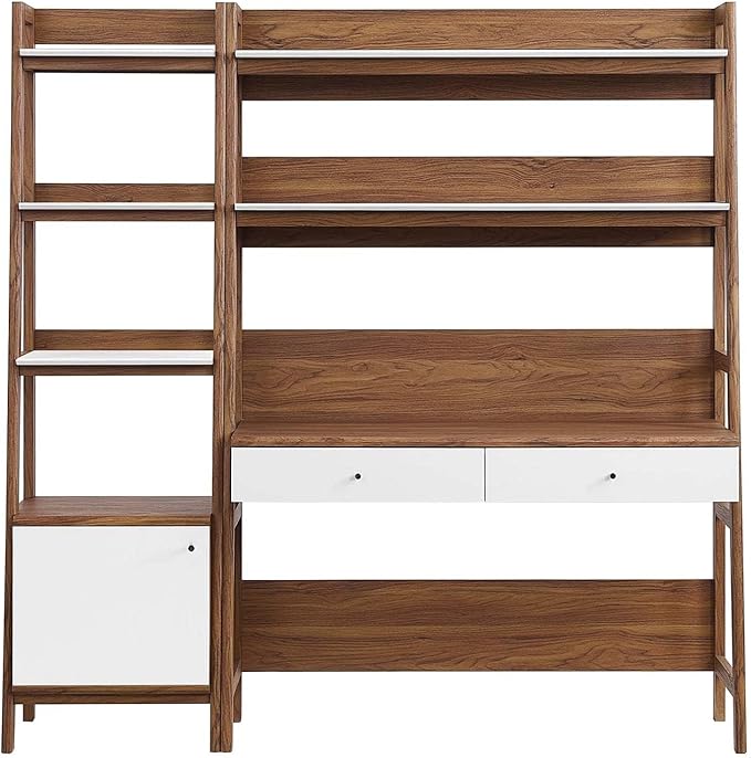 Modway 2-Piece Home Office Desk and Bookshelf Display Case in Walnut White