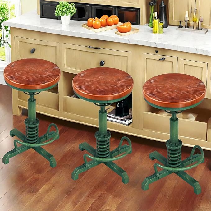 Topower Industrial Retro Vintage Farm Wooden Seat Tractor Stool Kitchen Swivel Height Adjustable bar Stool Antique Green