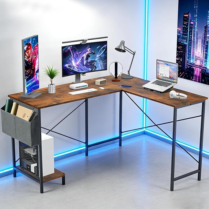 L Shaped Desk, 50 Inch Reversible Computer Desk Corner Gaming Table with CPU Stand & Storage Bag, Sturdy Metal Frame PC Workstation for Home Office, Brown Wood