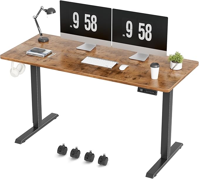 Furmax Electric Standing Desk, 55 x 24 Inches Height Adjustable Desk with Removable Casters, Home Office Computer Desk (Brown)