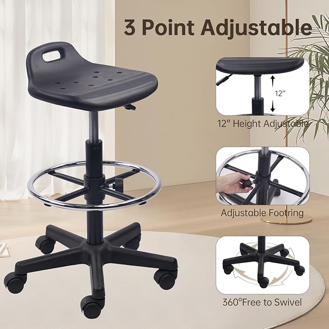 KLASIKA Adjustable Height Drafting Rolling Stool with Foot Rest Breathable Seat Cushion Swivel Chair, Multi-Purpose Work Stools for Nail Salon Office Bar Lab Counter Barber Kitchen Shop Black, 2PK