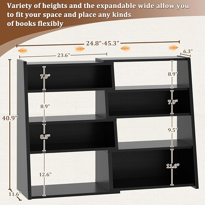 Armocity Expandable Bookshelf, Short Corner Bookshelf for Small Spaces, Small Ladder Book Shelf, Extendable Wood Narrow Bookcase for Living Room, Bedroom, 5 Tier, Black