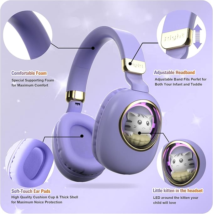 Xmenha Purple Kids Bluetooth Headphones Wired with Microphone for School - Wireless Boy Girls Noise Cancelling Over Ear Bluetooth Headphones Children Headsets for iPad Kindle Airplane Travel Tablet