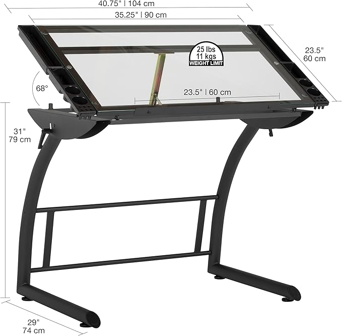 SD Studio Designs Triflex Drawing Table, Sit to Stand Up Adjustable Office Home Computer Desk, 35.25" W X 23.5" D, Charcoal Black/Clear Glass