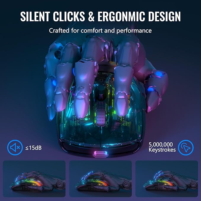 A.JAZZ Wireless Gaming Mouse with Full Transparent,Tri-Mode 2.4GHz/Bluetooth/Wired Mouse,Digital Display,Charging Base,3D RGB Backlit,Silent Mice with 7 Buttons,Wireless Mice for Laptop,PC,Mac(Black)