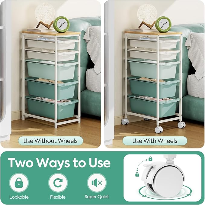 Rolling Storage Cart with 5 Drawers, Craft Organizer, Wooden Tabletop Utility Cart for Bedroom, Children's Room and Office Organization, Table Side Trolley with Lockable Wheels, Green