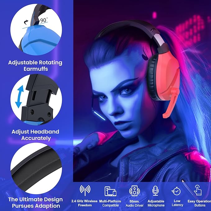 WolfLawS Wireless Gaming Headset with Noise Canceling Microphone for PS5, PC, PS4, 2.4G/Bluetooth Gaming Headphones with USB and Type-c Connector, Wired Mode for Controller - Blue and Red
