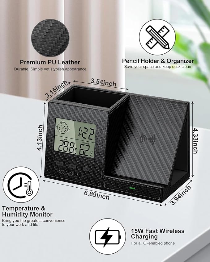 Pen Holder for Desk, Desk Organizer with Wireless Charger, Built in Digital Indoor Thermometer and Humidity Monitor, Multi-Functional Pencil Organizer for Home Office, Black Carbon Fiber
