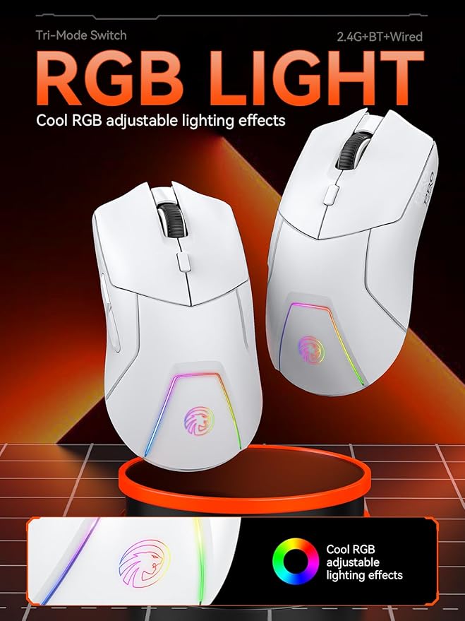 FMOUSE White Wireless Gaming Mouse, Tri Mode (2.4G/Bluetooth/Wired), PAW3311 Sensor, 12,000 DPI, 1,000Hz, 6 Programmable Buttons, USB C Rechargeable, Ergonomic Gamers Optical Mice for PC/Laptop/Mac